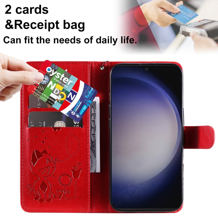 For Samsung Galaxy S25 / S24 5G Cat and Bee Embossed Flip Leather Phone Case(Red)