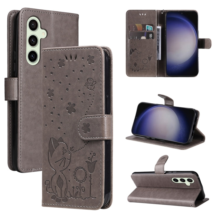 For Samsung Galaxy S25 / S24 5G Cat and Bee Embossed Flip Leather Phone Case(Grey)