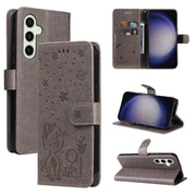 For Samsung Galaxy S25 / S24 5G Cat and Bee Embossed Flip Leather Phone Case(Grey)