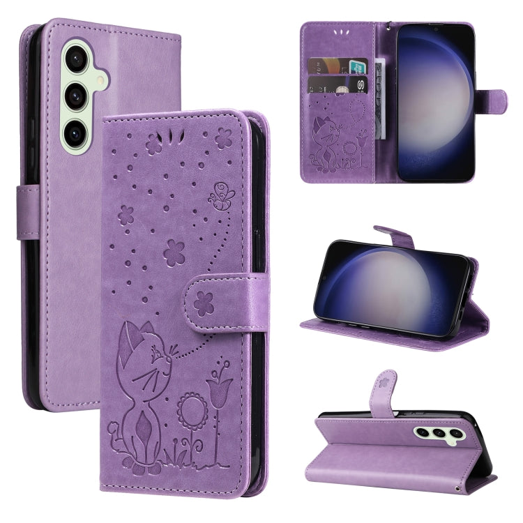 For Samsung Galaxy S25 / S24 5G Cat and Bee Embossed Flip Leather Phone Case(Purple)