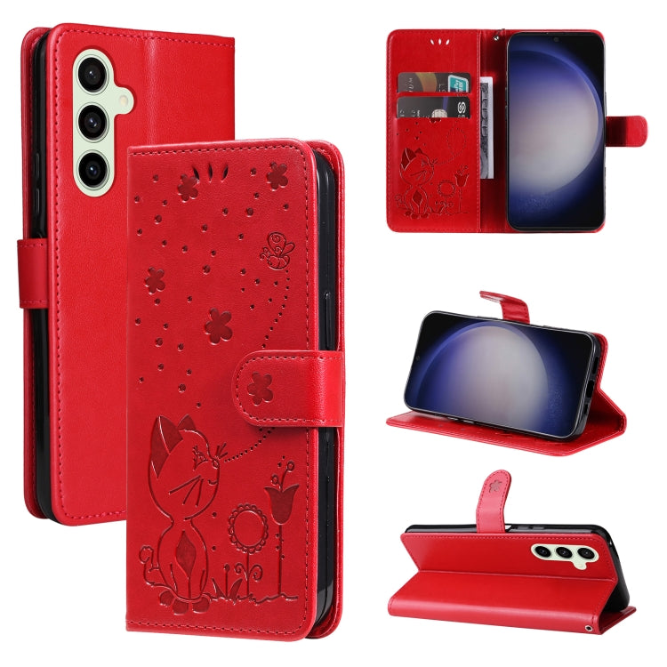 For Samsung Galaxy S25+ / S24+ 5G Cat and Bee Embossed Flip Leather Phone Case(Red)