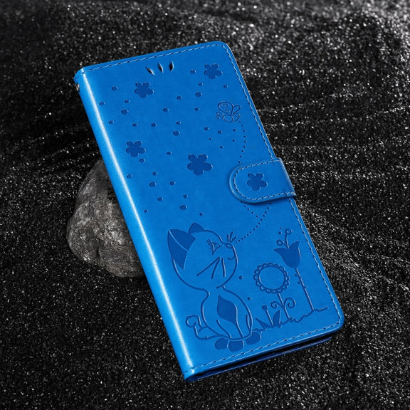 For Samsung Galaxy S25+ / S24+ 5G Cat and Bee Embossed Flip Leather Phone Case(Blue)