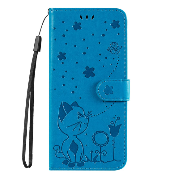 For Samsung Galaxy S25+ / S24+ 5G Cat and Bee Embossed Flip Leather Phone Case(Blue)