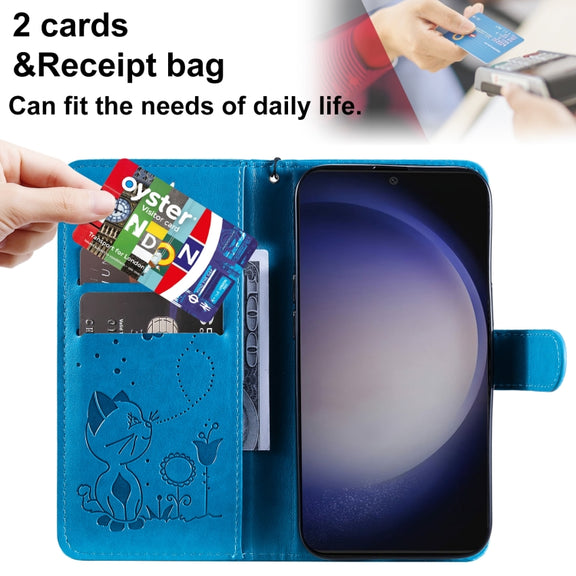 For Samsung Galaxy S25+ / S24+ 5G Cat and Bee Embossed Flip Leather Phone Case(Blue)