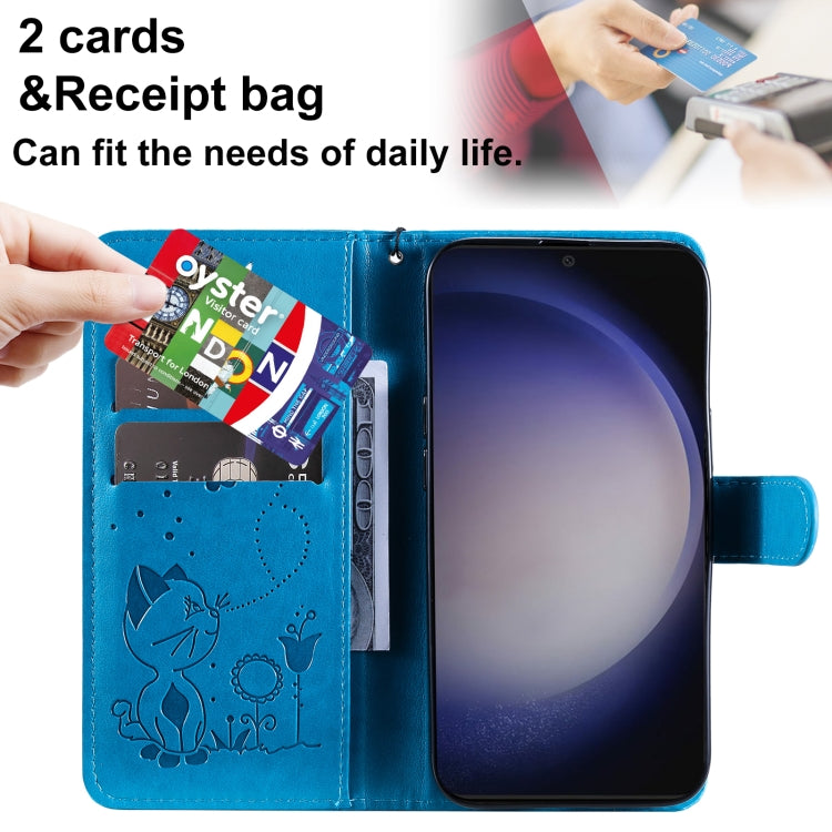 For Samsung Galaxy S25+ / S24+ 5G Cat and Bee Embossed Flip Leather Phone Case(Blue)