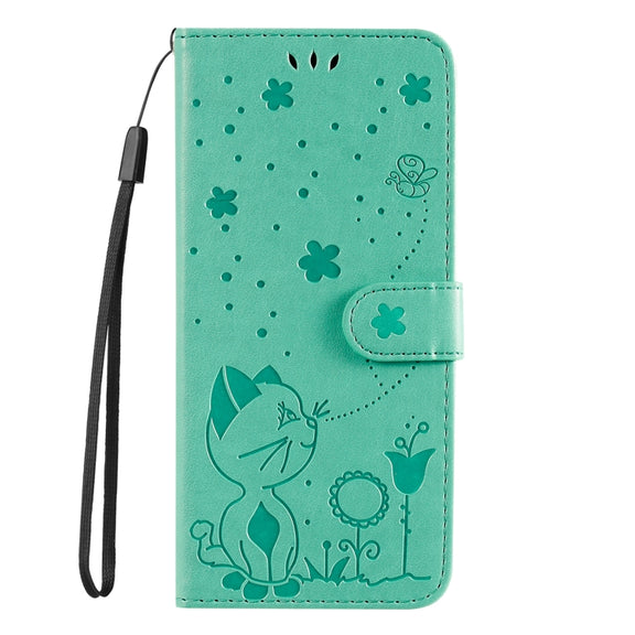 For Samsung Galaxy S25+ / S24+ 5G Cat and Bee Embossed Flip Leather Phone Case(Green)