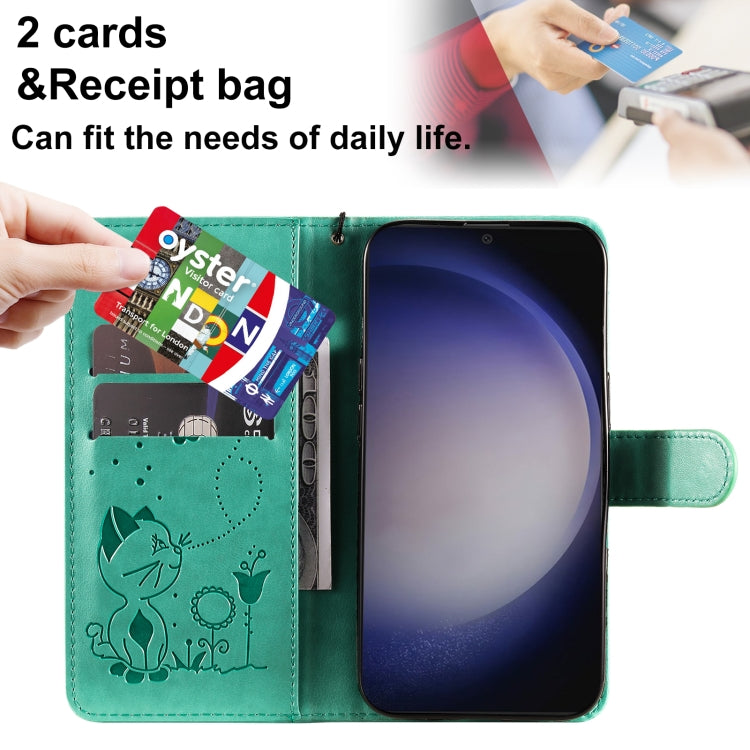 For Samsung Galaxy S25+ / S24+ 5G Cat and Bee Embossed Flip Leather Phone Case(Green)