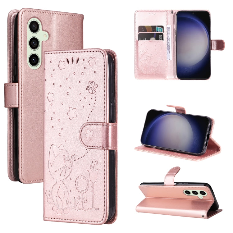 For Samsung Galaxy S25+ / S24+ 5G Cat and Bee Embossed Flip Leather Phone Case(Rose Gold)