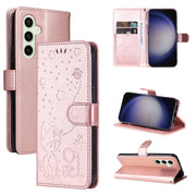 For Samsung Galaxy S25+ / S24+ 5G Cat and Bee Embossed Flip Leather Phone Case(Rose Gold)