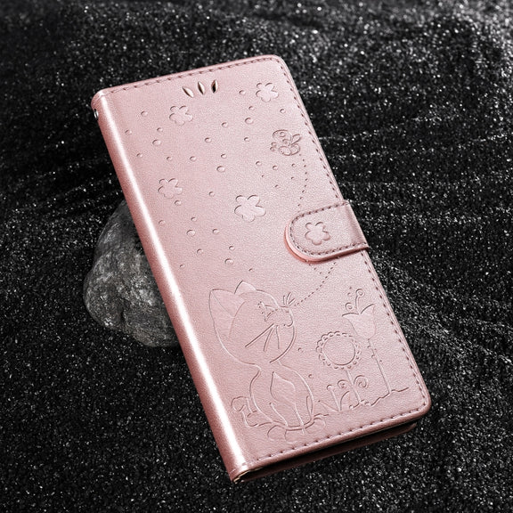 For Samsung Galaxy S25+ / S24+ 5G Cat and Bee Embossed Flip Leather Phone Case(Rose Gold)