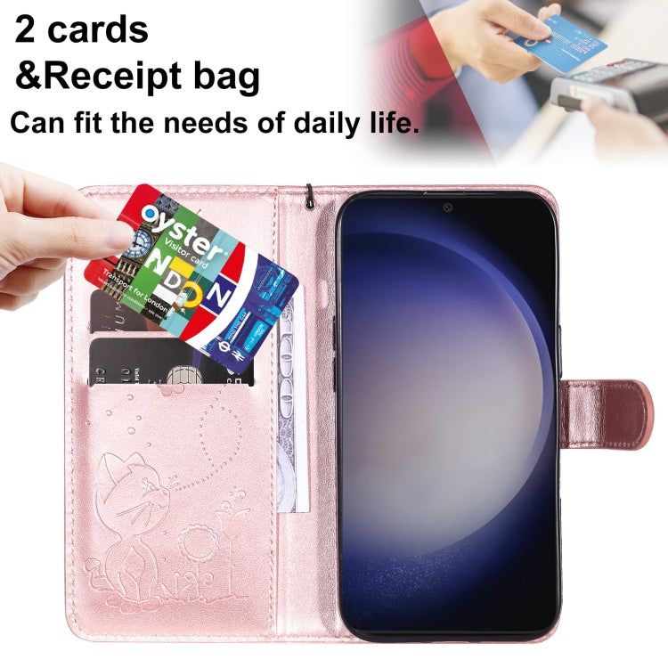 For Samsung Galaxy S25+ / S24+ 5G Cat and Bee Embossed Flip Leather Phone Case(Rose Gold)