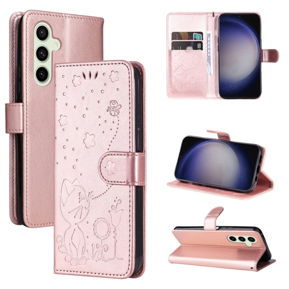 For Samsung Galaxy S25+ / S24+ 5G Cat and Bee Embossed Flip Leather Phone Case(Rose Gold)