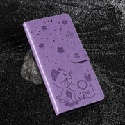 For Samsung Galaxy S25+ / S24+ 5G Cat and Bee Embossed Flip Leather Phone Case(Purple)