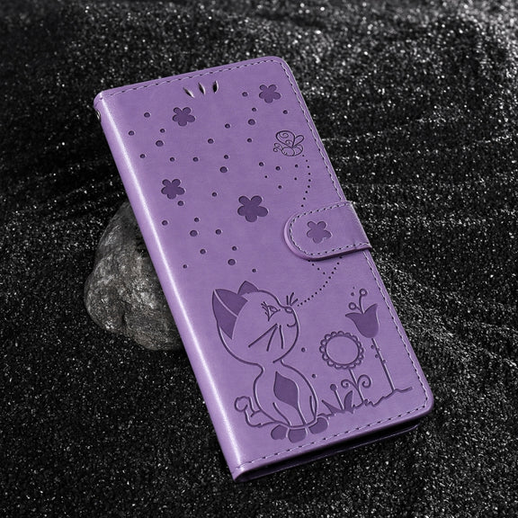 For Samsung Galaxy S25+ / S24+ 5G Cat and Bee Embossed Flip Leather Phone Case(Purple)