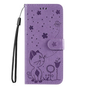 For Samsung Galaxy S25+ / S24+ 5G Cat and Bee Embossed Flip Leather Phone Case(Purple)