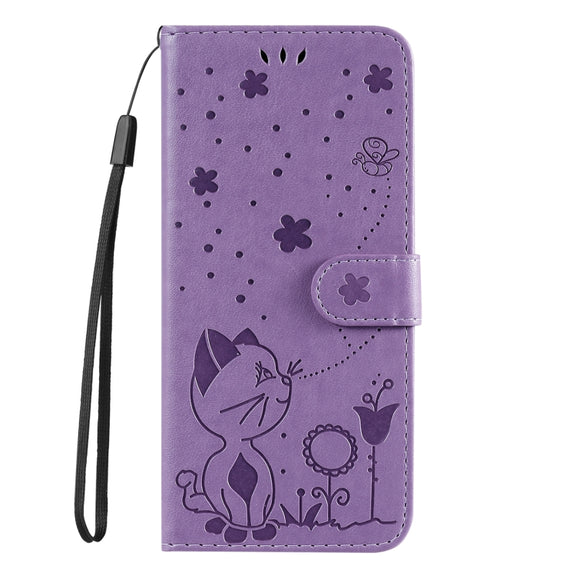 For Samsung Galaxy S25+ / S24+ 5G Cat and Bee Embossed Flip Leather Phone Case(Purple)