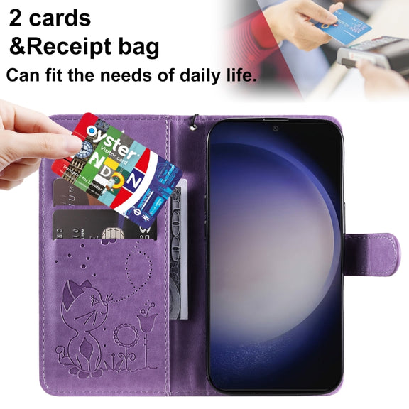 For Samsung Galaxy S25+ / S24+ 5G Cat and Bee Embossed Flip Leather Phone Case(Purple)