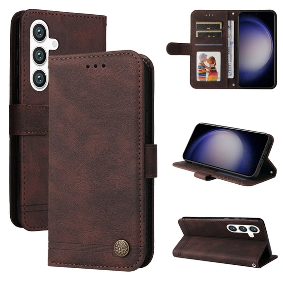 For Samsung Galaxy S25+ 5G Skin Feel Life Tree Metal Button Leather Phone Case(Brown)