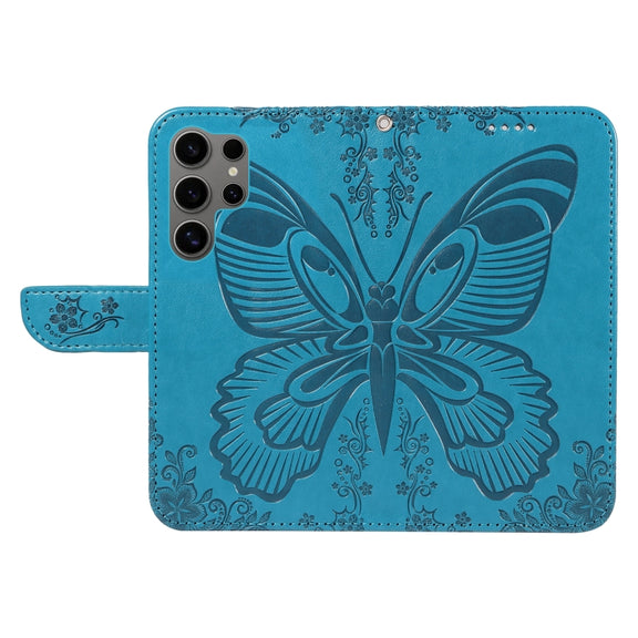 For Samsung Galaxy S25 Ultra 5G Swallowtail Butterfly Embossed Leather Phone Case(Blue)