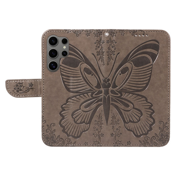 For Samsung Galaxy S25 Ultra 5G Swallowtail Butterfly Embossed Leather Phone Case(Grey)