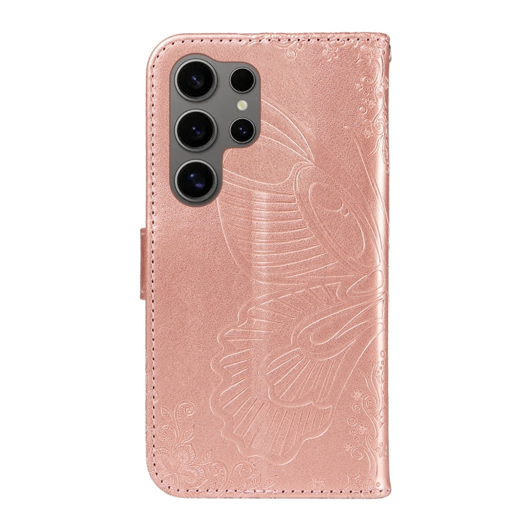 For Samsung Galaxy S25 Ultra 5G Swallowtail Butterfly Embossed Leather Phone Case(Rose Gold)