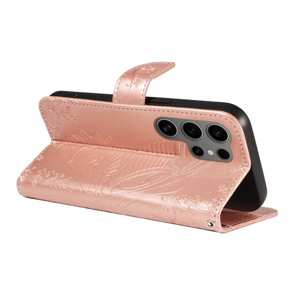 For Samsung Galaxy S25 Ultra 5G Swallowtail Butterfly Embossed Leather Phone Case(Rose Gold)