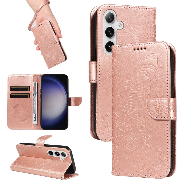 For Samsung Galaxy S25+ / S24+ 5G Swallowtail Butterfly Embossed Leather Phone Case(Rose Gold)