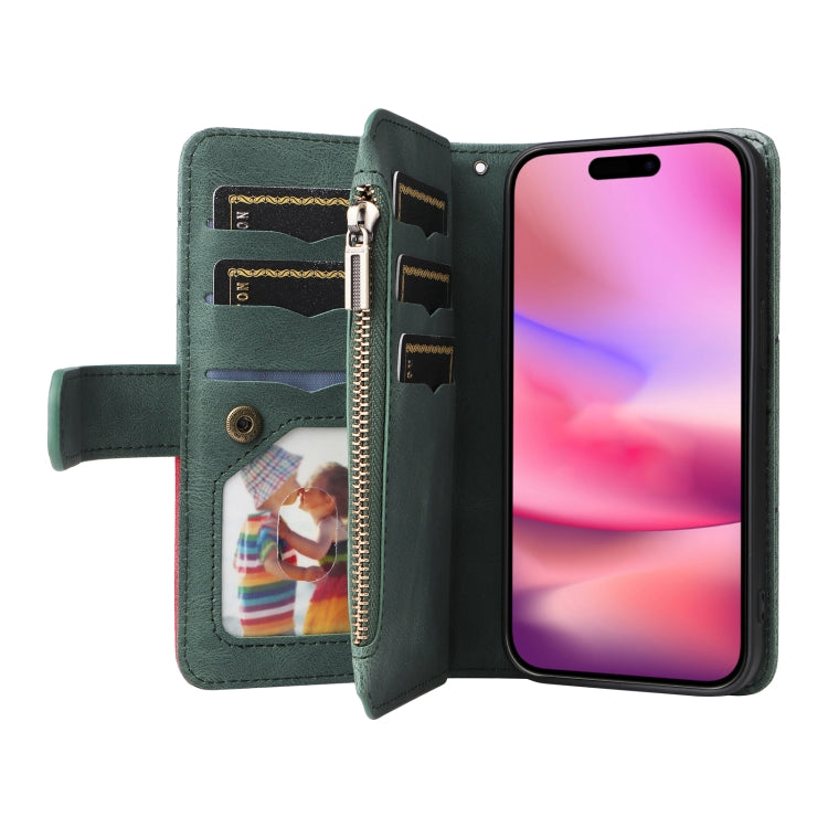For iPhone 16 Dual-color 9 Card Slots Zipper Wallet Leather Phone Case(Green)