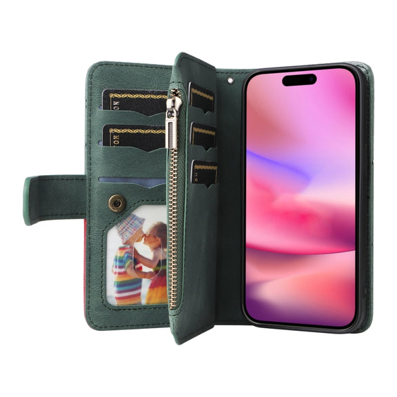 For iPhone 16 Dual-color 9 Card Slots Zipper Wallet Leather Phone Case(Green)