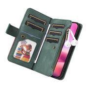 For iPhone 16 Dual-color 9 Card Slots Zipper Wallet Leather Phone Case(Green)