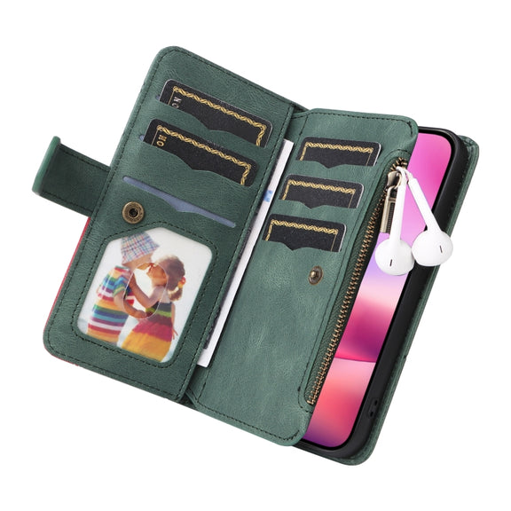 For iPhone 16 Dual-color 9 Card Slots Zipper Wallet Leather Phone Case(Green)