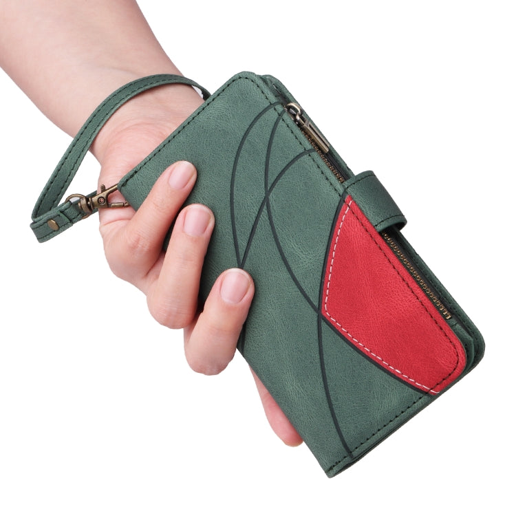 For iPhone 16 Dual-color 9 Card Slots Zipper Wallet Leather Phone Case(Green)