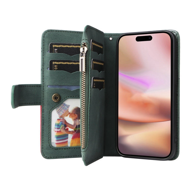 For iPhone 16 Plus Dual-color 9 Card Slots Zipper Wallet Leather Phone Case(Green)