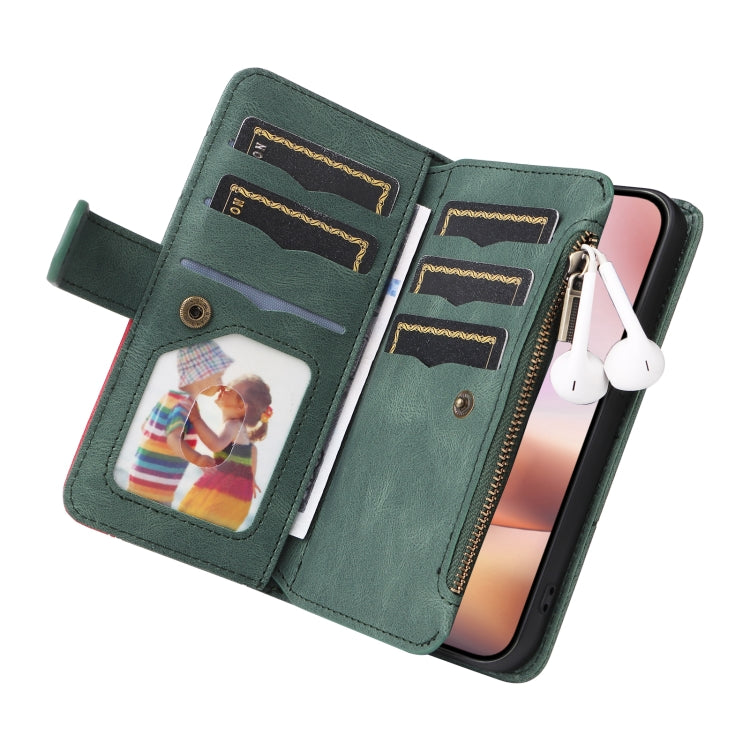 For iPhone 16 Plus Dual-color 9 Card Slots Zipper Wallet Leather Phone Case(Green)