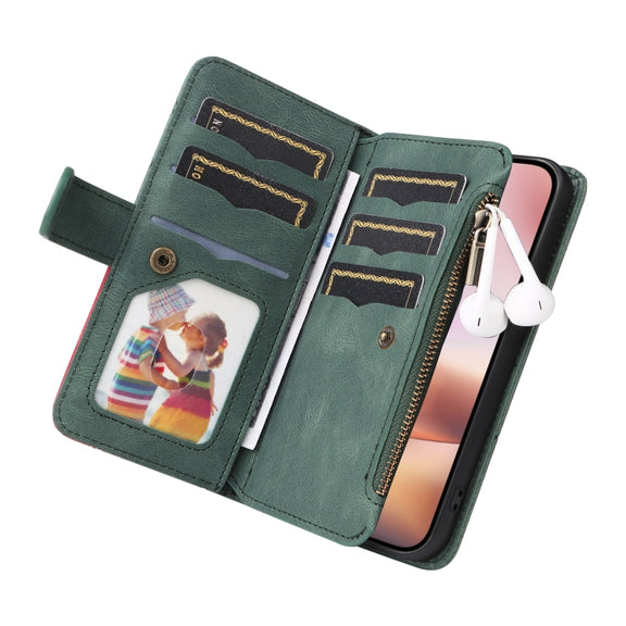 For iPhone 16 Plus Dual-color 9 Card Slots Zipper Wallet Leather Phone Case(Green)