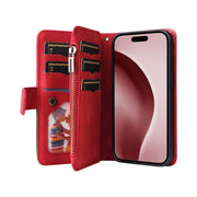 For iPhone 16 Pro Dual-color 9 Card Slots Zipper Wallet Leather Phone Case(Red)