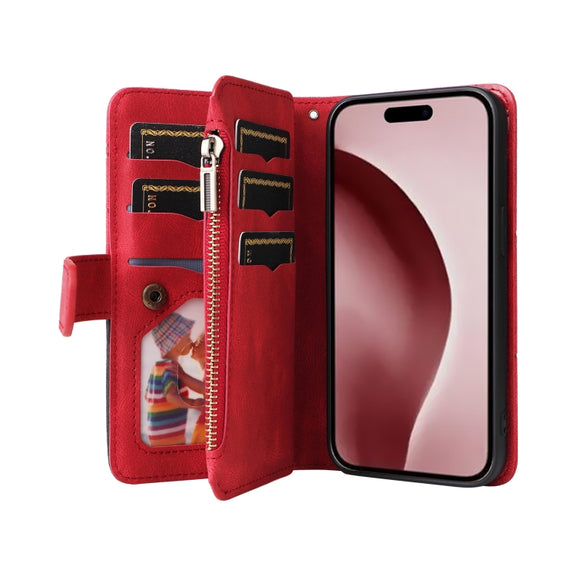 For iPhone 16 Pro Dual-color 9 Card Slots Zipper Wallet Leather Phone Case(Red)