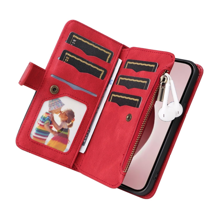 For iPhone 16 Pro Dual-color 9 Card Slots Zipper Wallet Leather Phone Case(Red)
