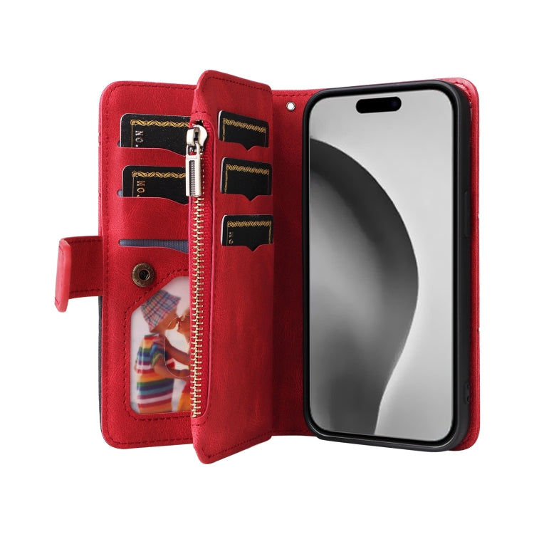 For iPhone 16 Pro Max Dual-color 9 Card Slots Zipper Wallet Leather Phone Case(Red)