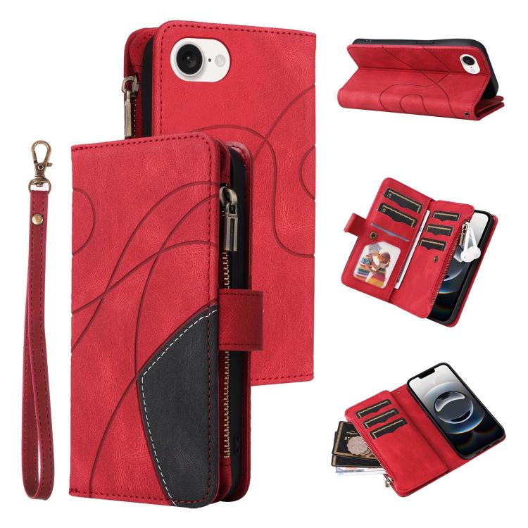 For iPhone 16e Dual-color 9 Card Slots Zipper Wallet Leather Phone Case(Red)