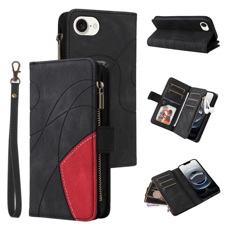 For iPhone 16e Dual-color 9 Card Slots Zipper Wallet Leather Phone Case(Black)