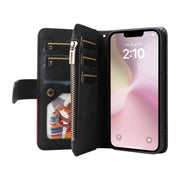 For iPhone 16e Dual-color 9 Card Slots Zipper Wallet Leather Phone Case(Black)