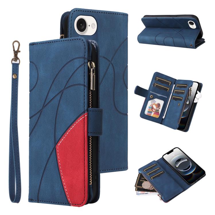 For iPhone 16e Dual-color 9 Card Slots Zipper Wallet Leather Phone Case(Blue)