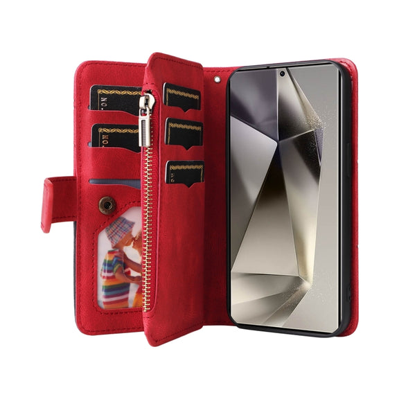 For Samsung Galaxy S25 Ultra 5G Dual-color 9 Card Slots Zipper Wallet Leather Phone Case(Red)