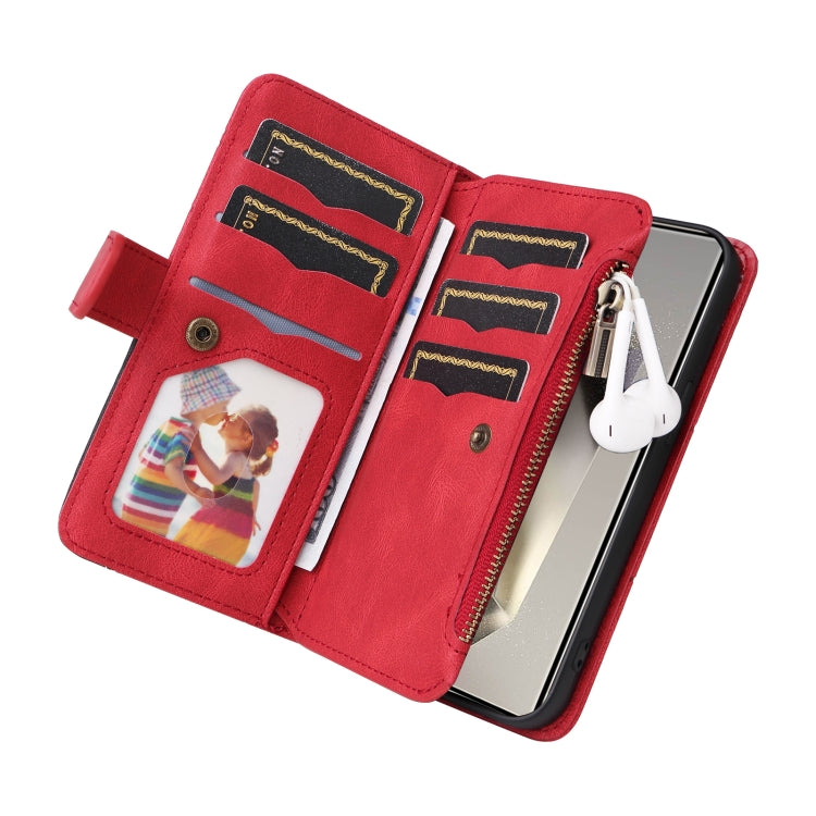 For Samsung Galaxy S25 Ultra 5G Dual-color 9 Card Slots Zipper Wallet Leather Phone Case(Red)