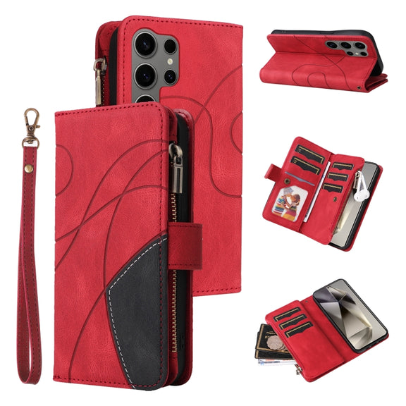 For Samsung Galaxy S25 Ultra 5G Dual-color 9 Card Slots Zipper Wallet Leather Phone Case(Red)