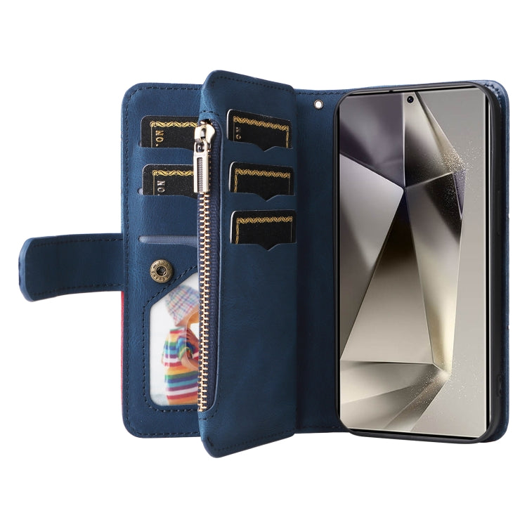 For Samsung Galaxy S25 Ultra 5G Dual-color 9 Card Slots Zipper Wallet Leather Phone Case(Blue)