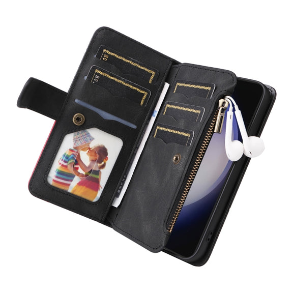 For Samsung Galaxy S25+ / S24+ 5G Dual-color 9 Card Slots Zipper Wallet Leather Phone Case(Black)