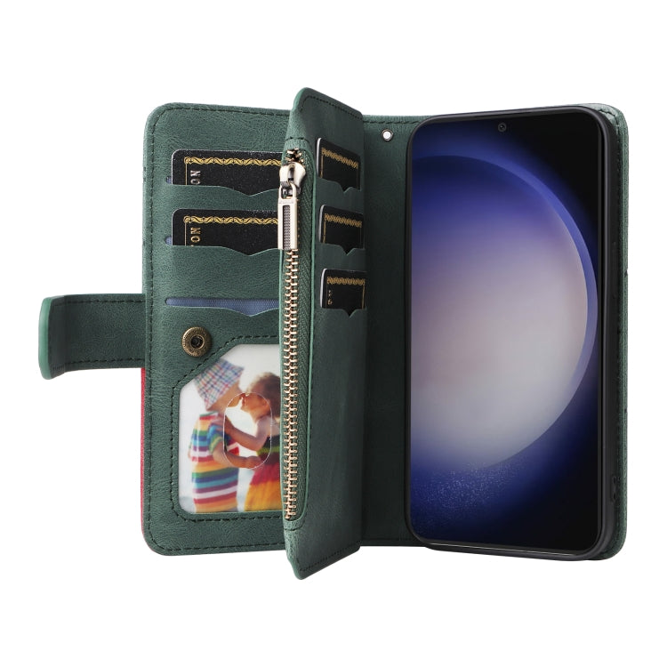 For Samsung Galaxy S25+ / S24+ 5G Dual-color 9 Card Slots Zipper Wallet Leather Phone Case(Green)