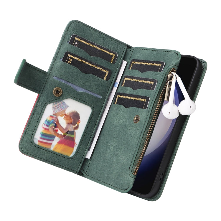 For Samsung Galaxy S25+ / S24+ 5G Dual-color 9 Card Slots Zipper Wallet Leather Phone Case(Green)